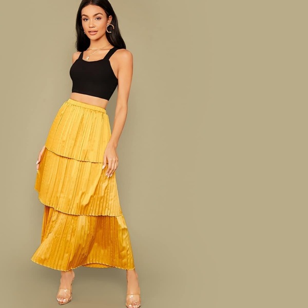 

Layered Ruffle Hem Pleated Satin Skirt, Yellow bright