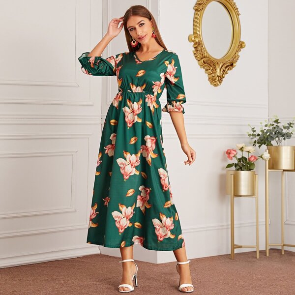 

Large Floral Flounce Sleeve Gathered Waist Dress