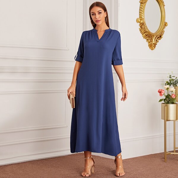 

Notched Neck Roll Up Sleeve Tunic Dress