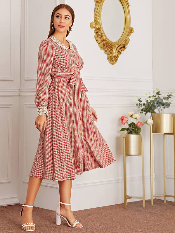 

Gingham Lace Panel Tie Front Shirt Dress, Red, Hanna