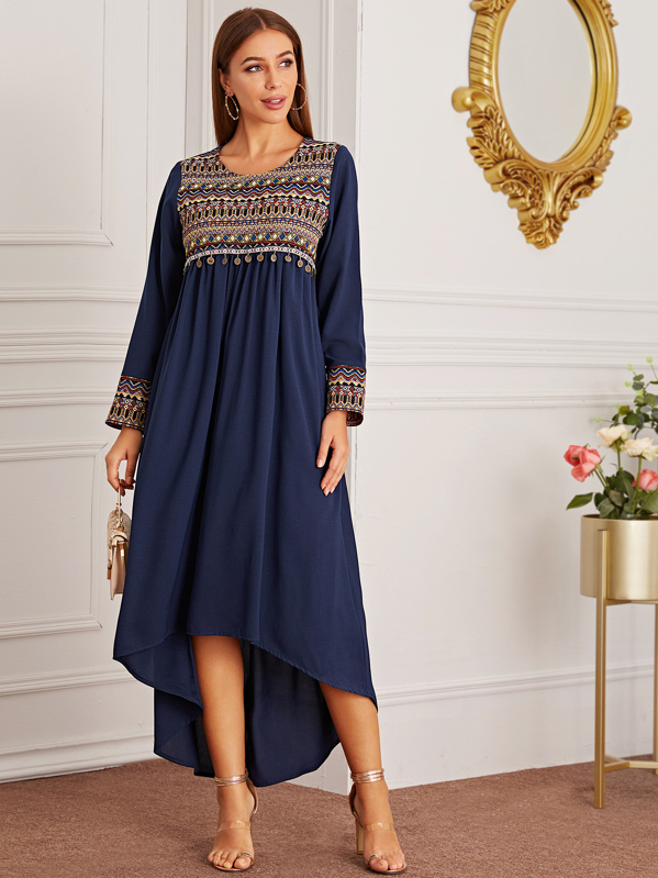 

Contrast Tribal Panel Metal Disc Pendant A-line Dress, Navy, Hanna