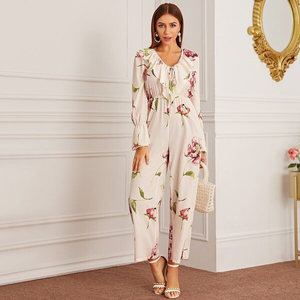 

V-neck Ruffle Trim Large Floral Jumpsuit, Beige