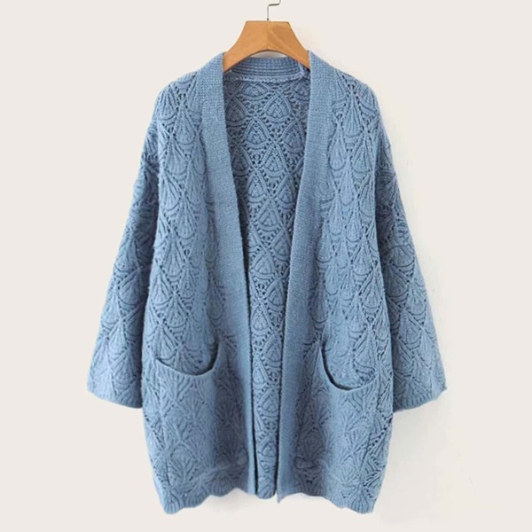 

Hollow Out Dual Pockets Sweater Coat, Blue