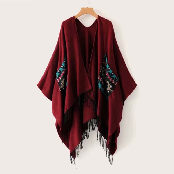 

Dual Pockets Fringe Hem Poncho Cardigan