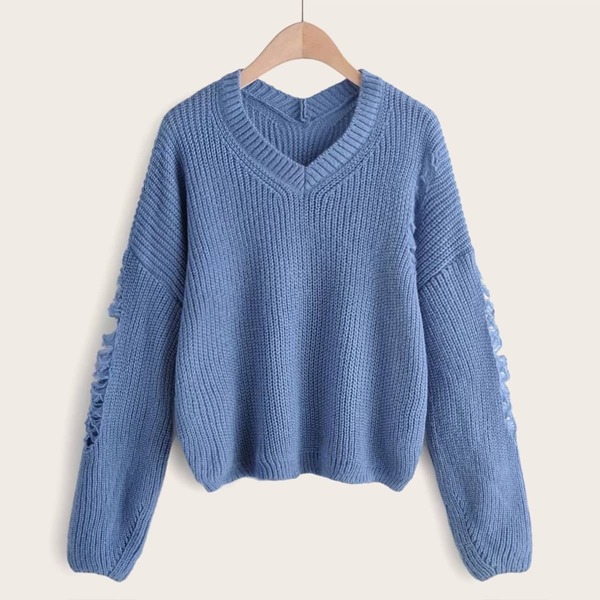 

V-neck Drop Shoulder Ripped Sleeve Sweater