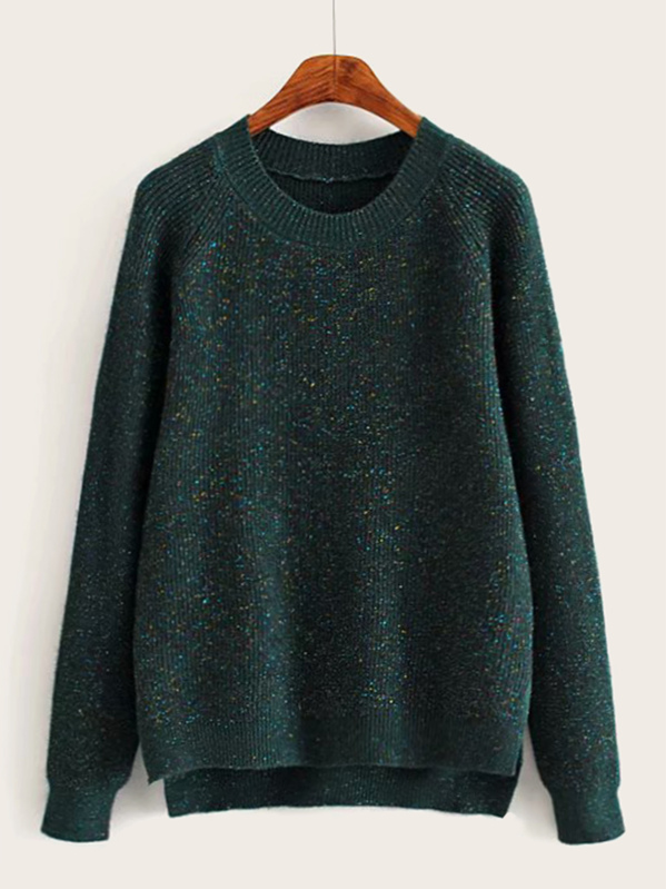 

Round Neck High Low Confetti Sweater, Green