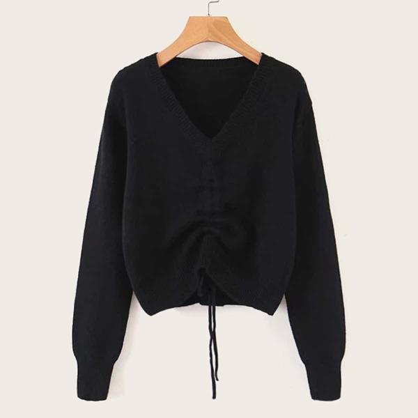 

Solid V-neck Drawstring Hem Sweater