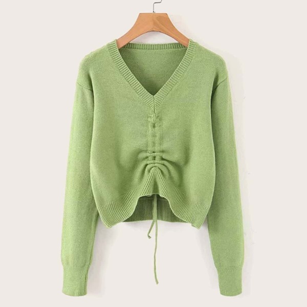 

Solid V-neck Drawstring Hem Sweater