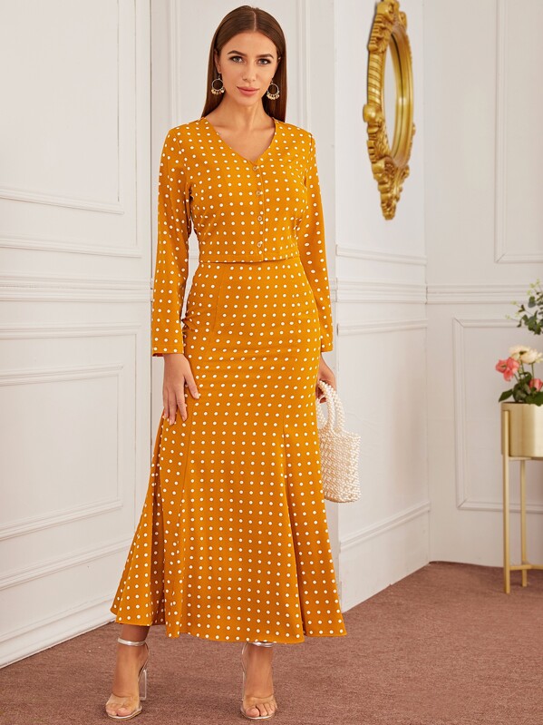 

Polka Dot Button Front Blouse With Mermaid Skirt, Yellow, Hanna