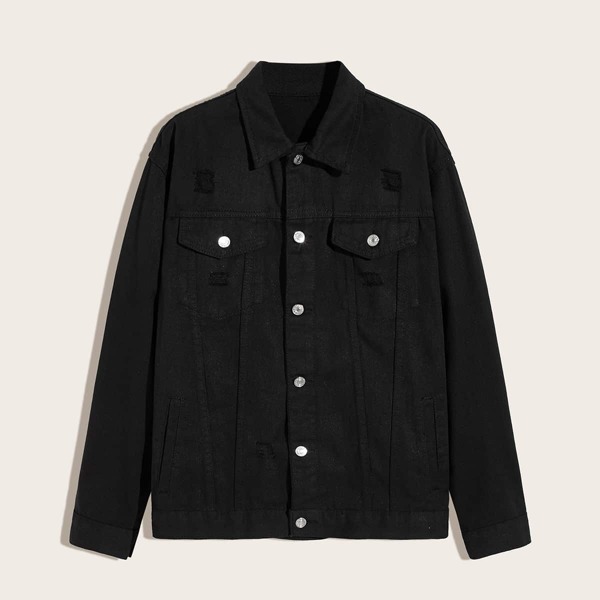 

Men Single Breasted Pocket Ripped Denim Jacket