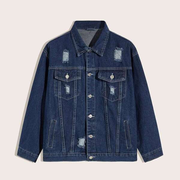 

Men Single Breasted Pocket Ripped Denim Jacket