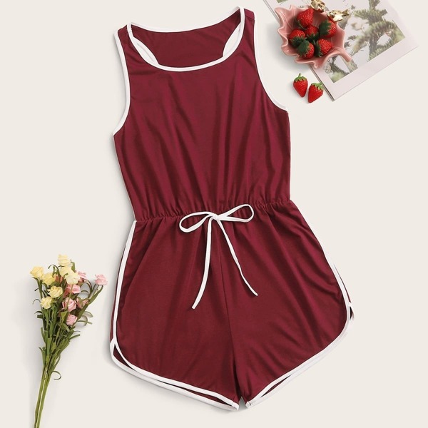 

Contrast Binding Drawstring Romper, Burgundy