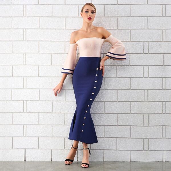 

Two Tone Mermaid Hem Bardot Dress, Multicolor