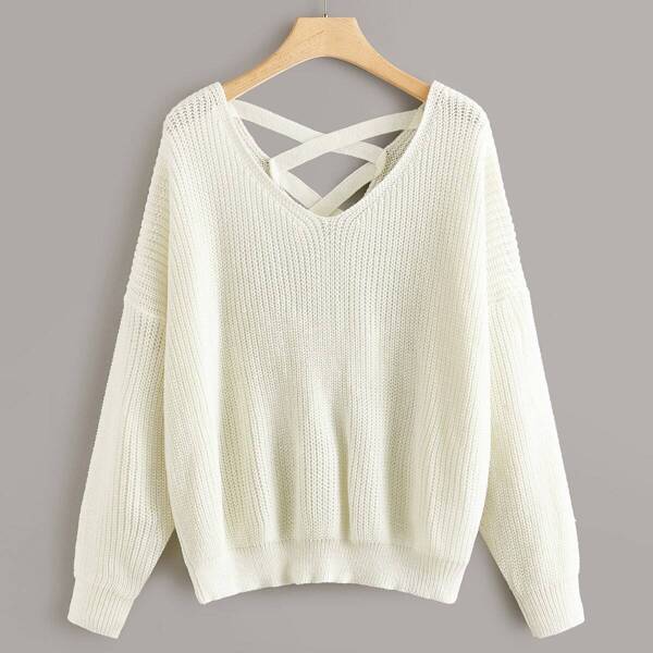 

Plus Drop Shoulder Lace Up Sweater, Beige pastel