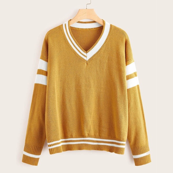 

Plus Striped V Neck Sweater, Yellow