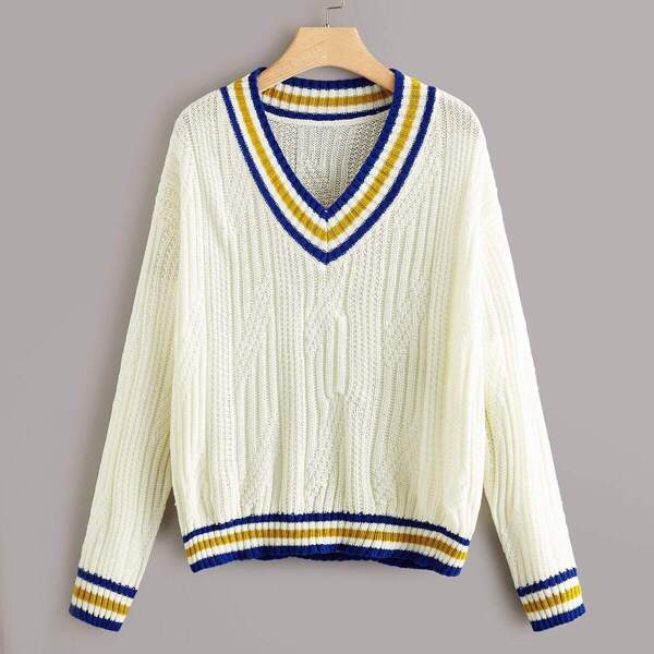 

Plus Striped V Neck Sweater, Beige pastel