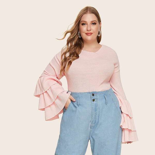 

Plus Solid Layered Sleeve Sweater, Pink pastel