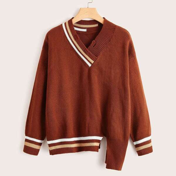 

Plus Stripe Ripped Asymmetrical Hem Sweater, Brown