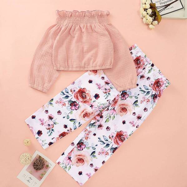 

Toddler Girls Frill Trim Shirred Top & Floral Print Pants