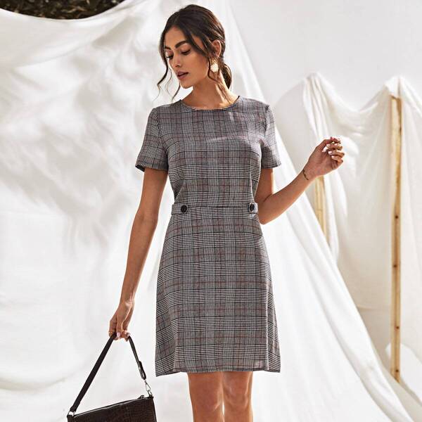 

Button Front Plaid A-line Dress, Multicolor