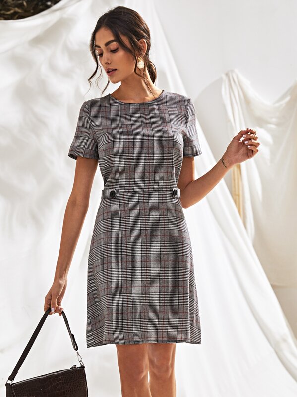 

Button Front Plaid A-line Dress, Multicolor, Carol A