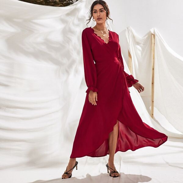 

Scallop Neck Flounce Sleeve Tie Side Wrap Dress
