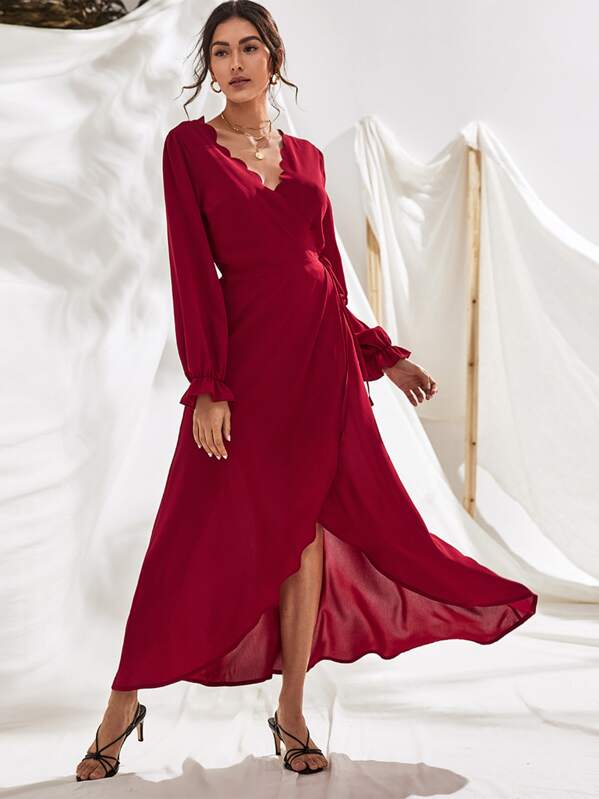 

Scallop Neck Flounce Sleeve Tie Side Wrap Dress, Burgundy, Carol A