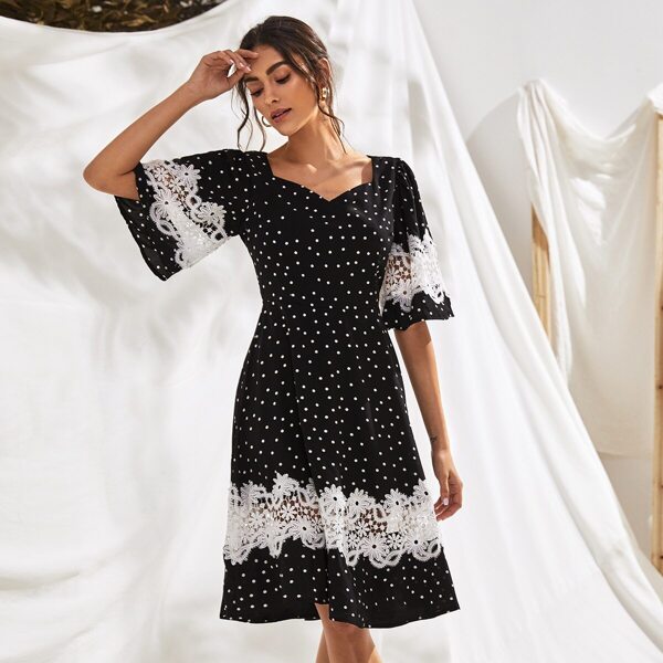 

Polka Dot Sweetheart Lace Appliques Swing Dress, Black