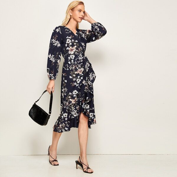 

Premium Floral Print Tie Side Wrap Dress, Navy