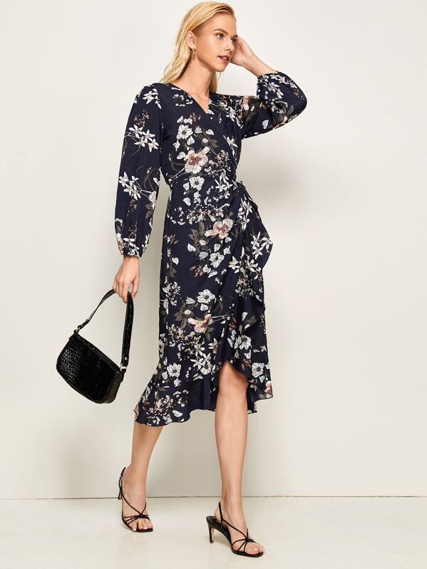 Premium Floral Print Tie Side Wrap Dress, Navy, Denisa