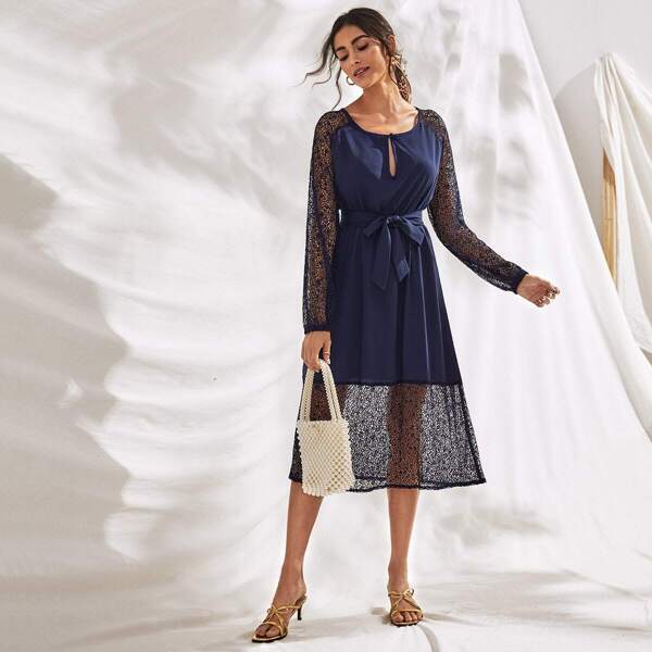 

Lace Panel Keyhole Front Belted Dress, Navy