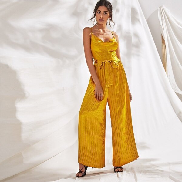 

Satin Belted Pleated Wide Leg Cami Jumpsuit, Gold