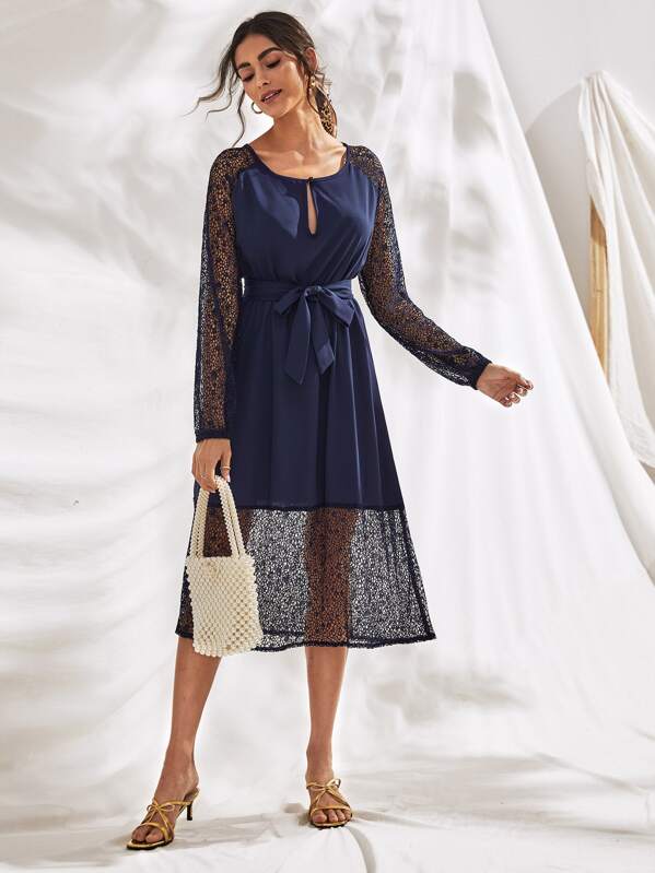 

Lace Panel Keyhole Front Belted Dress, Navy, Carol A
