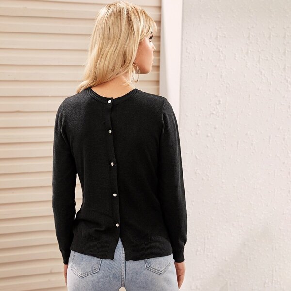 

Button Back Solid Sweater, Black