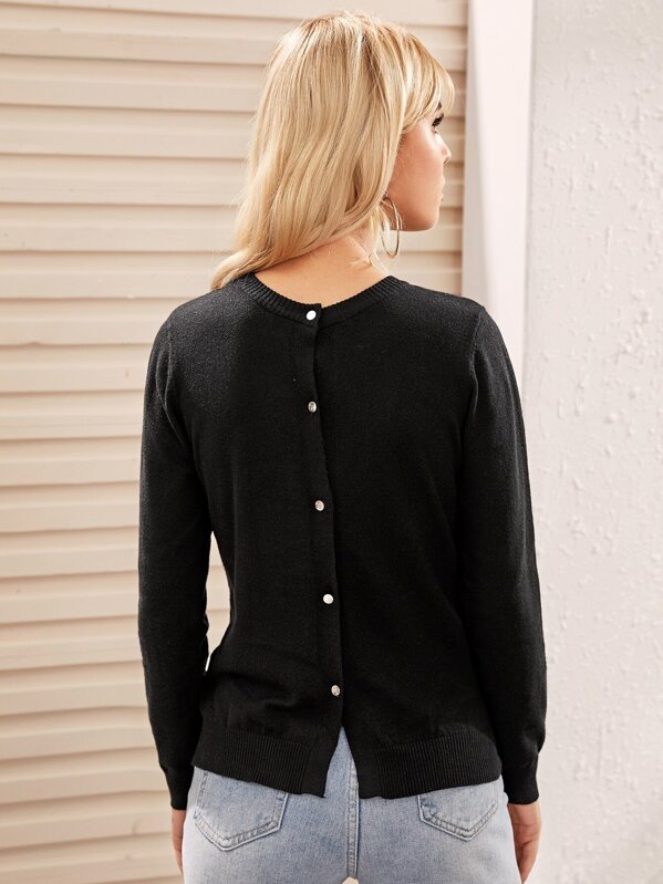 

Button Back Solid Sweater, Black, Tasha