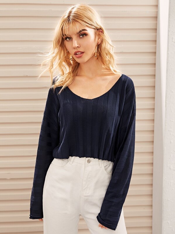 

Lettuce Hem Rib-knit Sweater, Navy, Tasha