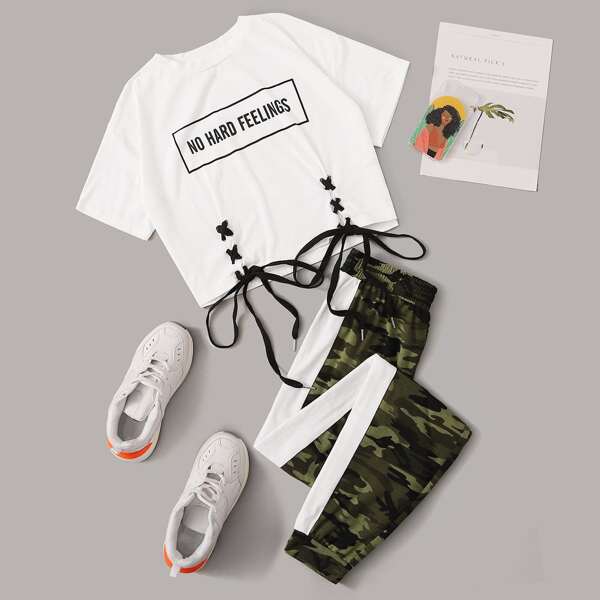 

Lace-up Hem Tee and Contrast Sideseam Camo Pants Set