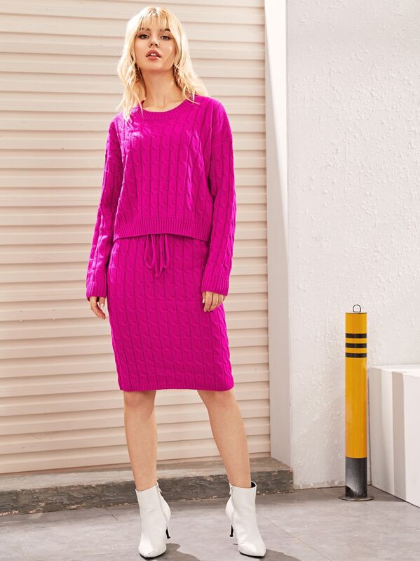 

Drop Shoulder Textured Sweater & Knot Skirt Set, Pink, Tasha