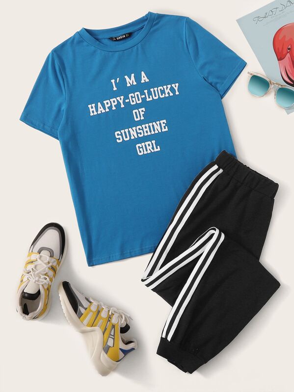 

Slogan Graphic Tee & Striped Tape Sweatpants Set, Multicolor