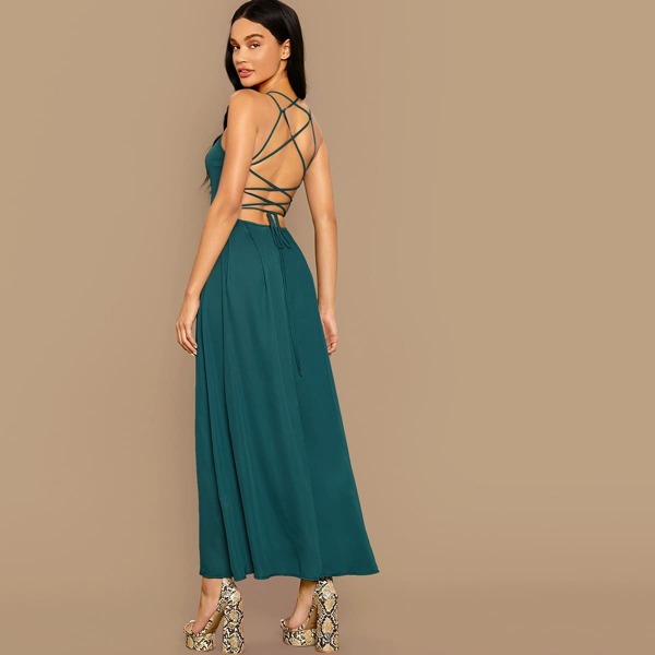 

Lace Up Back Solid Dress, Teal blue