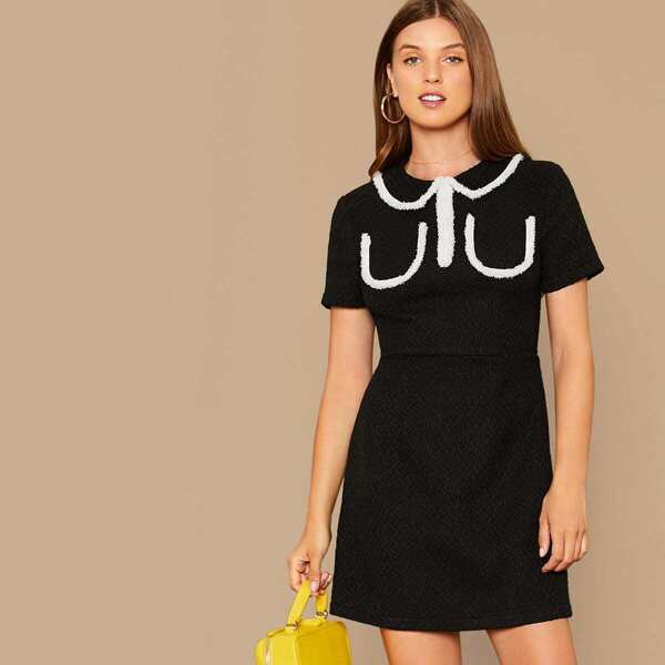 

Contrast Binding Tweed Dress, Black