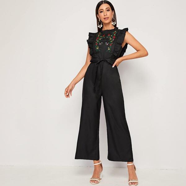 

Floral Embroidered Ruffle Trim Belted Jumpsuit, Black