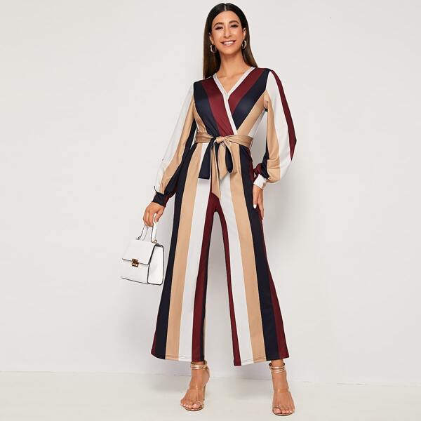 

Surplice Wrap Belted Striped Jumpsuit, Multicolor