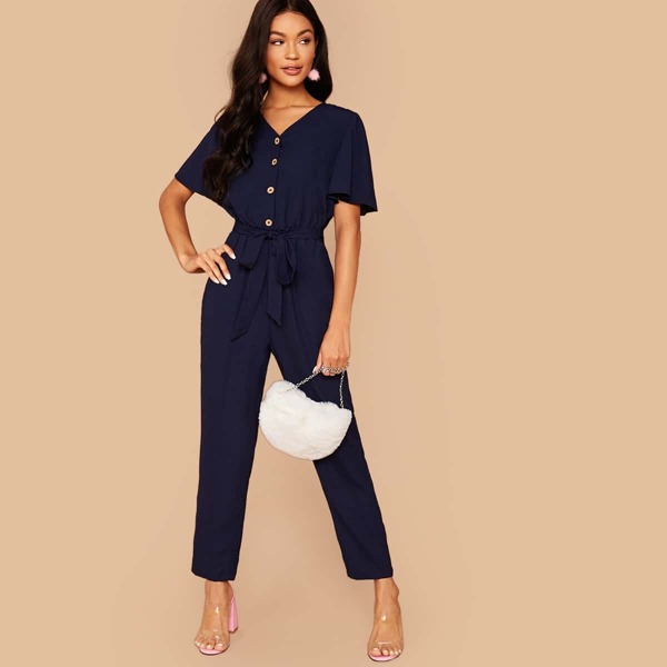 

Flutter Sleeve Button Front Belted Jumpsuit, Navy