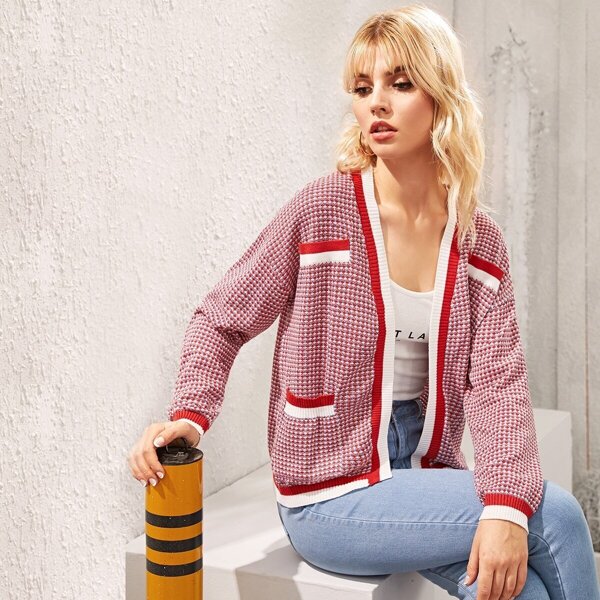 

Open Front Striped Trim Cardigan, Red