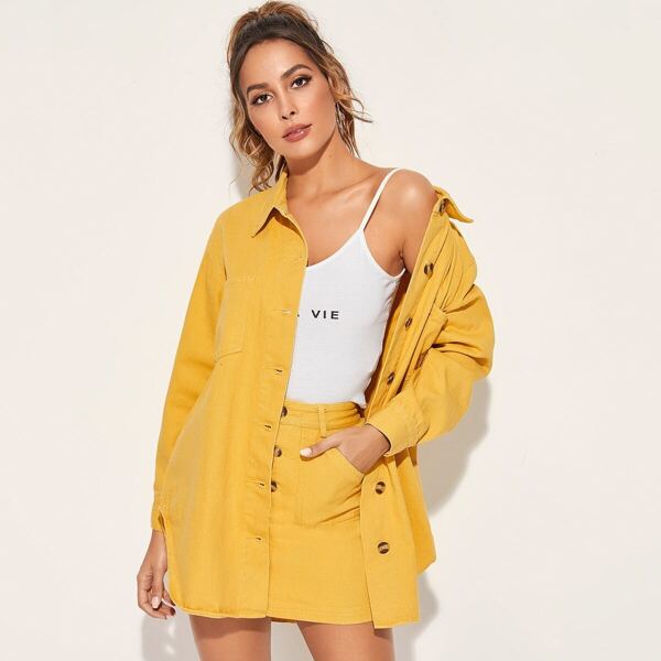 

Yellow Wash Curved Hem Denim Coat