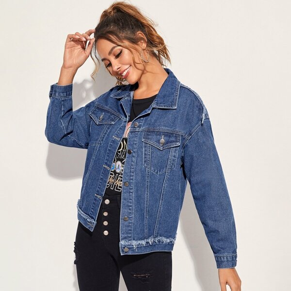

Frayed Trim Dual Pocket Denim Jacket