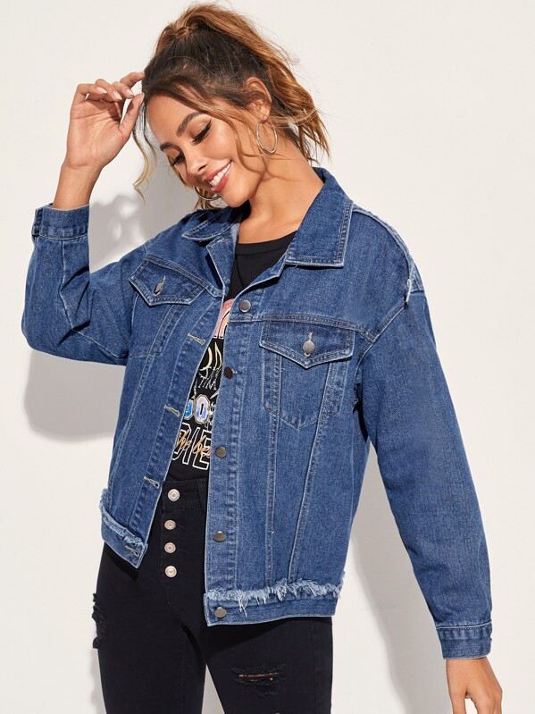 

Frayed Trim Dual Pocket Denim Jacket, Blue, Giulia