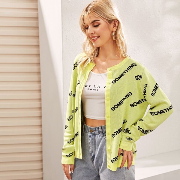 

Single Breasted Letter Cardigan, Yellow pastel