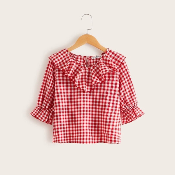 

Girls Gingham Print Ruffle Trim Top